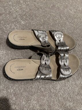 Clarks Collection Metallic Pewter Braided Slide Sandals